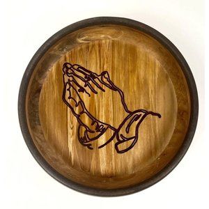 Wooden Prayer Bowl Praying Hands Religious Gifts Lovely Wood Burning Detail